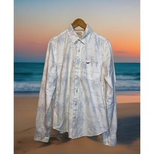 Hollister Shirt Men L White Hawaiian‎ Hangover Tropical Palm Long Sleeve